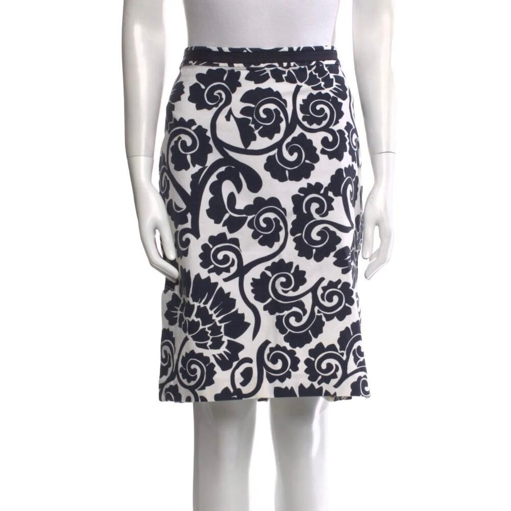 TORY BURCH PENCIL SKIRT SLITS PRINTED TWILL WALLPAPER FLORAL NAVY CREAM SZ US 6